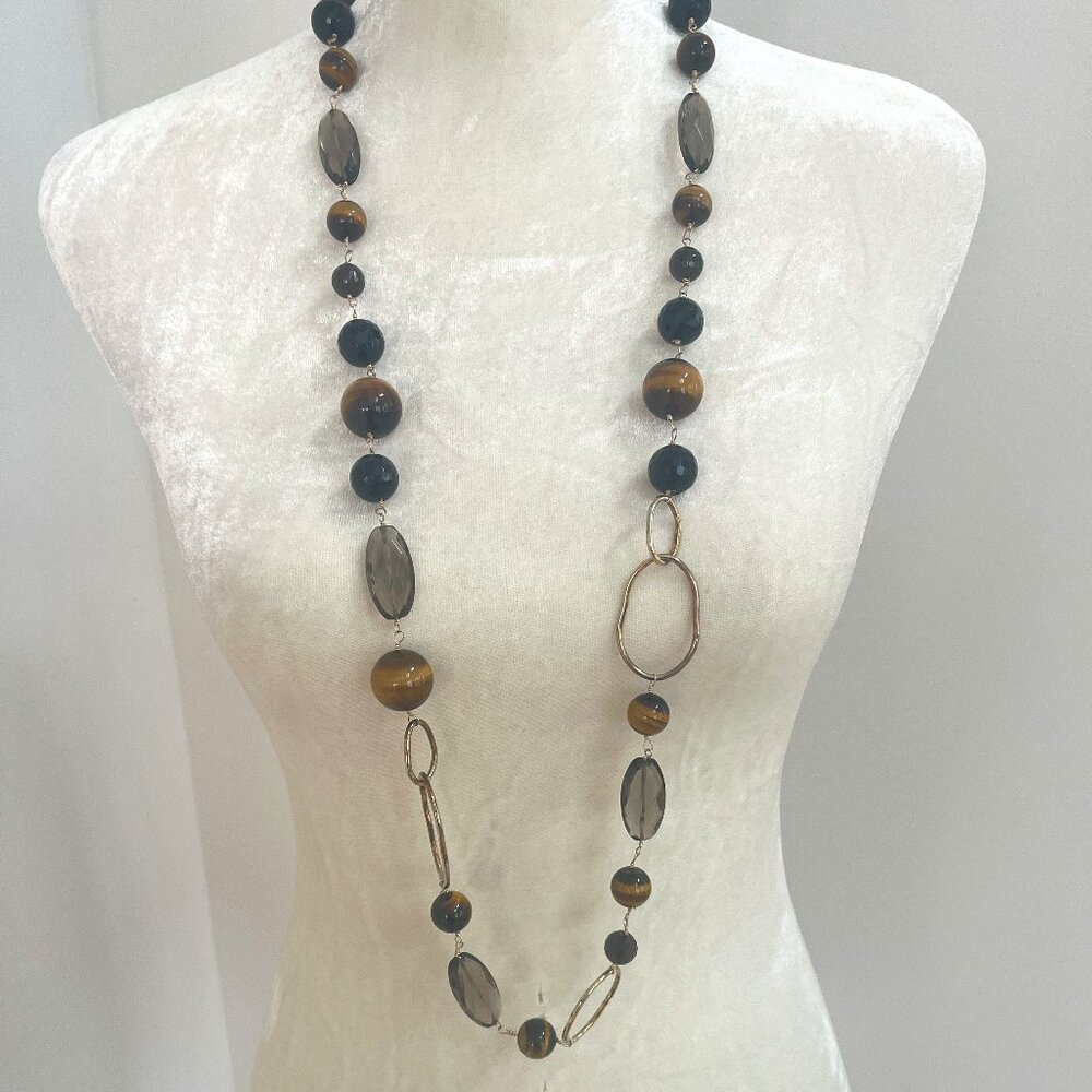 Wendy Mink Gold Filled  Smokey Quartz, Tiger Eye, Black Bead 38" Tie Necklace